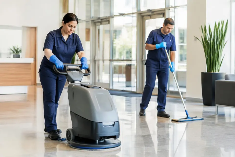 Representative image of commercial cleaning staff caring for an office lobby floor