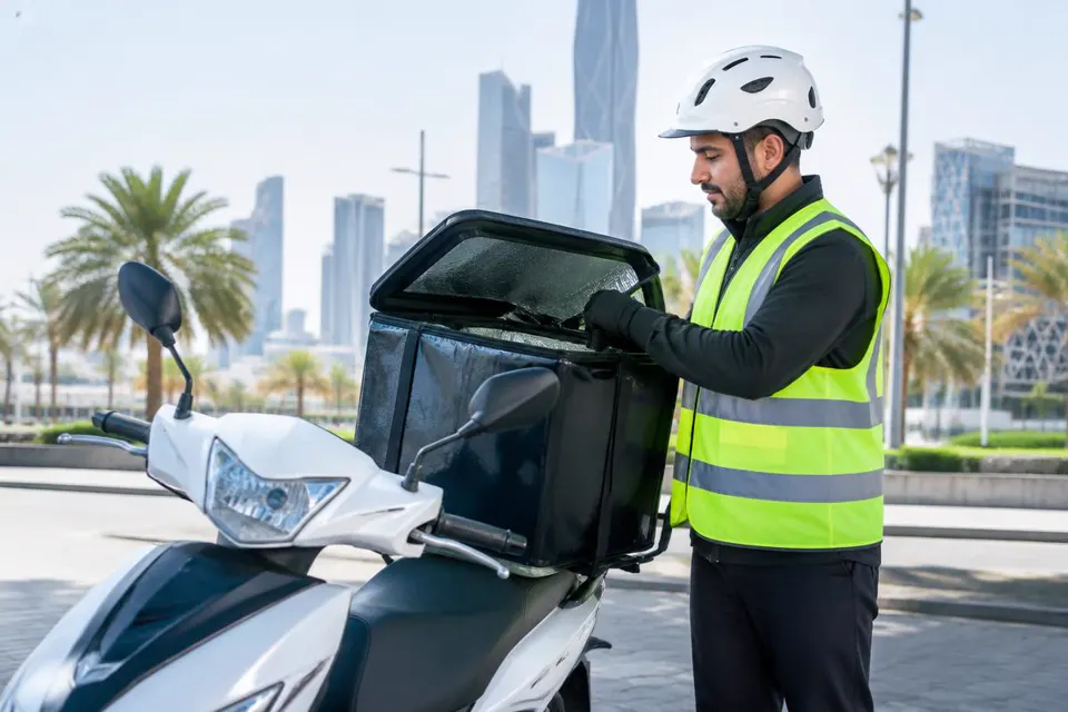 Delivery rider preparing for professional delivery operations