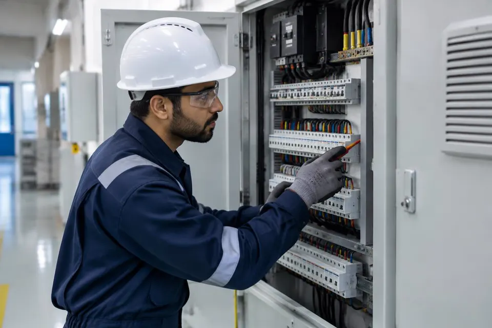 Electrical worker inspecting a commercial control panel with safety equipment