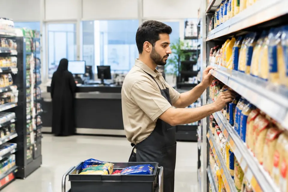 Representative image of a supermarket worker stocking shelves near the checkout area